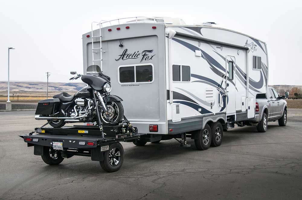 RV 5th wheel motorcycle hitch.